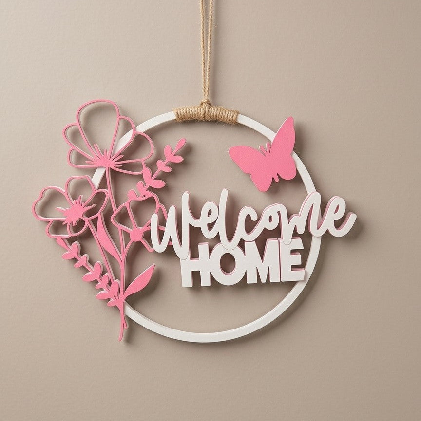 Hasır İpli, Pembe Kelebekli Ev Dekoru: "Welcome Home" kapı süsü