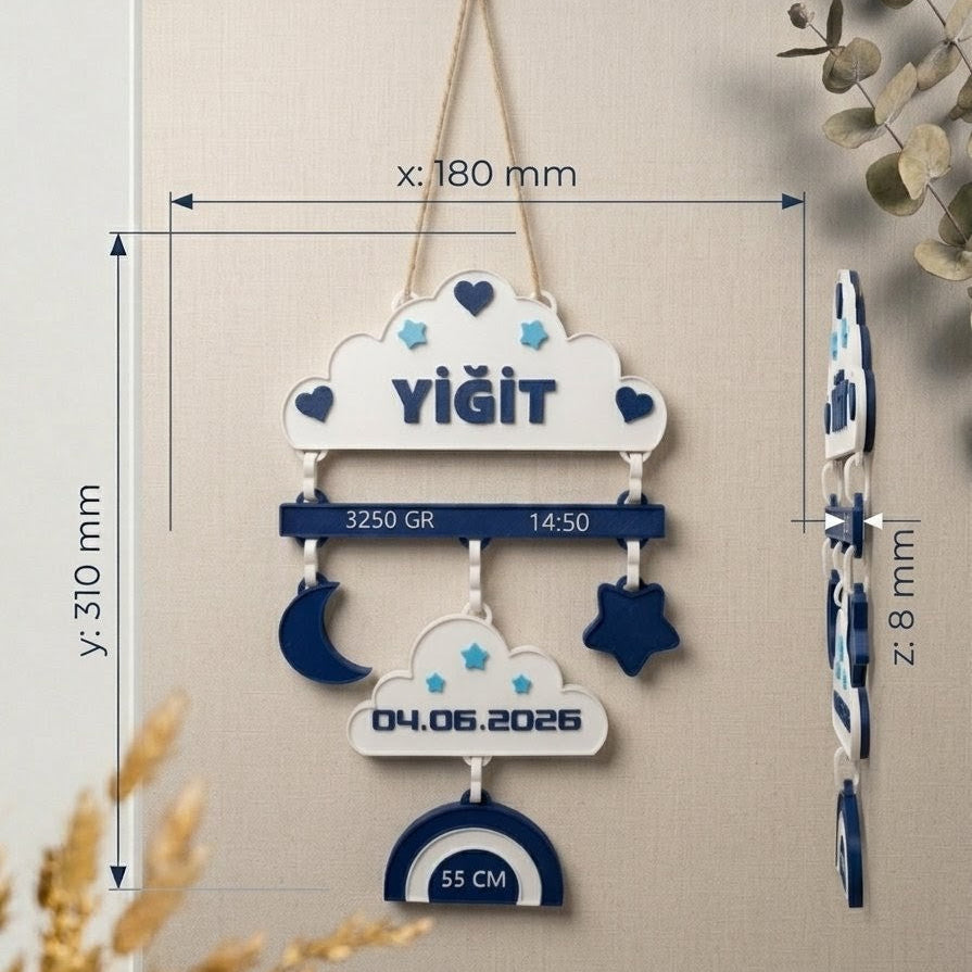 3D Tasarım İsim ve Doğum Bilgili Bulut Konseptli Bebek Odası Süsü
