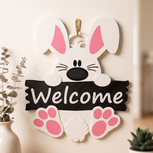 Sevimli Tavşan "Welcome" Kapı ve Duvar Süsü - 3D Tasarım