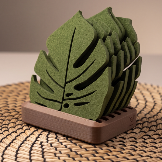 Tropikal Esinti: Monstera Yaprağı Tasarımlı Bardak Altlığı Seti ve Standı