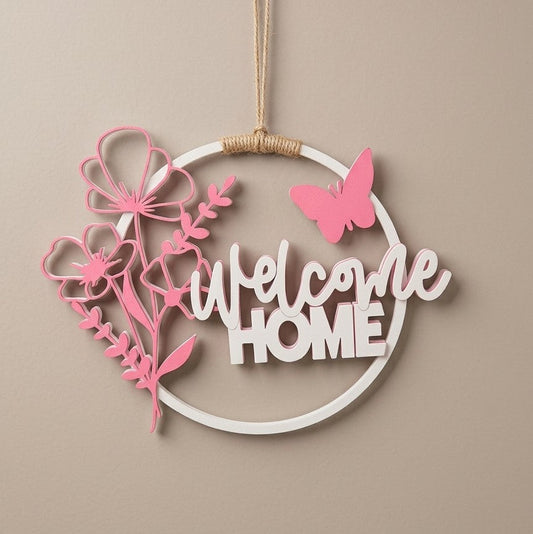 Hasır İpli, Pembe Kelebekli Ev Dekoru: "Welcome Home" kapı süsü