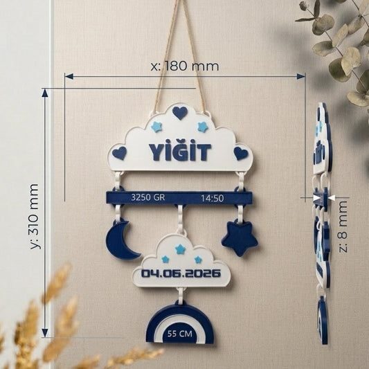 3D Tasarım İsim ve Doğum Bilgili Bulut Konseptli Bebek Odası Süsü