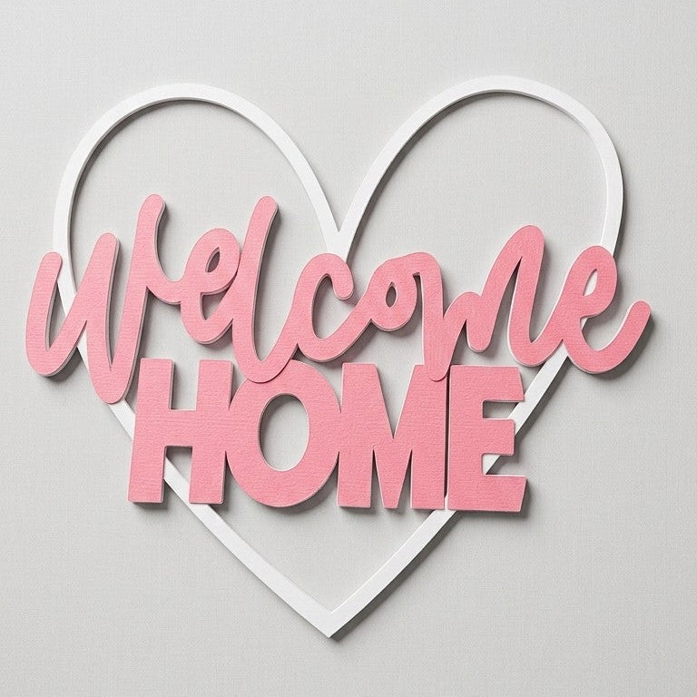 Romantik Kalp Tasarımlı "Welcome Home" Kapı ve Duvar Süsü - Çift Renkli Özel Üretim